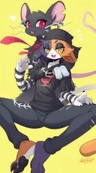 Rule 34 | 2023, 2girls, absurdres, animal ears, artist name, bad tag, bandolier, barefoot, black fur, black hoodie, blue fur, breasts, buck teeth, calico cat, camille (fortnite), cat, cat ears, cat girl, cat tail, claws, denim, ear piercing, epic games, fang, feet, fish hook piercing, fortnite, furry, furry female, heart, highres, hood, hoodie, jeans, jewelry, large ears, looking at viewer, medium breasts, meow skulls (fortnite), mouse, mouse ears, mouse girl, mouse tail, multiple girls, necklace, necktie, open mouth, orange fur, pants, piercing, red eyes, red necktie, skykain, smile, striped sleeves, tail, teeth, tongue, torn clothes, torn jeans, torn pants, white fur, wide hips, yellow background, yellow eyes