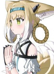 Rule 34 | 1girl, :o, absurdres, animal ear fluff, animal ears, arknights, bare shoulders, black gloves, blonde hair, blue hairband, blush, braid, fox ears, fox girl, fox tail, gloves, green eyes, hair intakes, hair rings, hairband, hands up, highres, kitsune, multicolored hair, own hands together, parted lips, shirt, short sleeves, simple background, single glove, solo, spam (spamham4506), suzuran (arknights), tail, twin braids, two-tone hair, upper body, white background, white hair, white shirt