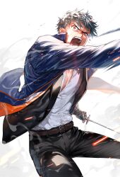Rule 34 | 1boy, absurdres, belt, black suit, blood, blood on face, blue hair, collared coat, fate/grand order, fate (series), fighting, formal, highres, holding, holding sword, holding weapon, jacket, katana, long sleeves, male focus, pants, saitou hajime (fate), shinsengumi, shirt, short hair, solo, suit, sword, uni (nico02), weapon