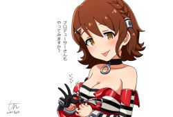 Rule 34 | alternate hairstyle, bare shoulders, black gloves, blush, braid, breasts, brown eyes, brown hair, choker, cleavage, commentary request, crop top, detached sleeves, gloves, hair ornament, hairclip, idolmaster, idolmaster million live!, idolmaster million live! theater days, kasuga mirai, looking at viewer, medium breasts, medium hair, single glove, solo, striped clothes, tongue, tongue out, translation request, tun, white background, zipper