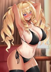 Rule 34 | 1girl, :d, absurdres, armpits, arms behind head, arms up, bare arms, bare shoulders, bikini, black bikini, black ribbon, black thighhighs, blonde hair, blurry, blurry background, blush, breasts, cowboy shot, depth of field, drill hair, hair intakes, heart, heart-shaped pupils, highres, large breasts, long hair, navel, nose blush, one-piece tan, open mouth, original, purple eyes, ribbon, rokita, side-tie bikini bottom, smile, solo, stomach, sweat, swimsuit, symbol-shaped pupils, tan, tanline, thighhighs, twintails, wet