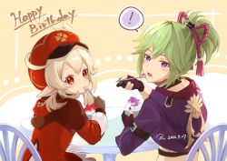 Rule 34 | !, 2girls, ahoge, blonde hair, blush, brown gloves, cabbie hat, chair, clover print, commentary, dated, fingerless gloves, food, genshin impact, gloves, green hair, hat, highres, holding, holding spoon, hood, hood down, ice cream, klee (genshin impact), kuki shinobu, long sleeves, looking at viewer, low twintails, multiple girls, nail polish, open mouth, partially fingerless gloves, pointy ears, pom pom (clothes), ponytail, purple eyes, red eyes, sitting, spoon, table, twintails, utensil in mouth, y ykl85