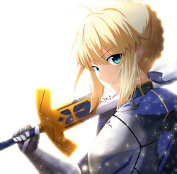 Rule 34 | 1girl, ahoge, armor, artoria pendragon (all), artoria pendragon (fate), blonde hair, excalibur (fate/stay night), fate/stay night, fate (series), from side, gauntlets, green eyes, hair between eyes, holding, holding sword, holding weapon, looking at viewer, saber (fate), short hair with long locks, shou (10868818), sidelocks, simple background, smile, solo, sword, upper body, weapon, white background
