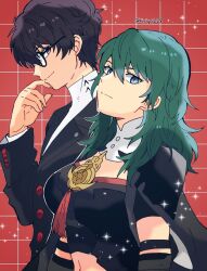 1boy 1girl amamiya_ren armor black_hair blue_hair breasts byleth_(fire_emblem) cape cleavage fire_emblem fire_emblem:_three_houses glasses green_eyes hair_ornament highres kiriya_(552260) long_hair looking_at_viewer medium_hair nintendo persona persona_5 school_uniform short_hair shuuchiin_academy_school_uniform smile super_smash_bros.