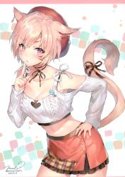 Rule 34 | 1girl, absurdres, animal ears, arm up, armpits, artist name, bare shoulders, beret, blush, bow, bowtie, breasts, buttons, cat ears, cat girl, cat tail, chestnut mouth, choker, cleavage, cleavage cutout, clothing cutout, collarbone, contrapposto, cowboy shot, crop top, dated, ear piercing, earrings, facial mark, final fantasy, final fantasy xiv, finger to mouth, fingernails, furrowed brow, groin, hand on own hip, hand up, hat, heart cutout, highres, index finger raised, jewelry, layered clothes, layered skirt, leaning forward, legs apart, long sleeves, looking at viewer, looking to the side, medium breasts, midriff, miniskirt, miqo&#039;te, momoko (momopoco), navel, neck ribbon, off shoulder, open mouth, parted bangs, piercing, pink eyes, pleated skirt, ribbed sweater, ribbon, ring, scan, shiny skin, short hair, shushing, side slit, signature, simple background, skirt, sleeves past wrists, slit pupils, solo, standing, stomach, sweater, tail, tail ornament, tail ribbon, thighs, twitter username, v-shaped eyebrows, warrior of light (ff14)