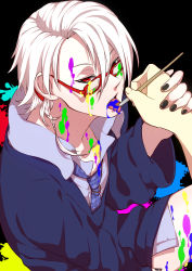 Rule 34 | 1boy, absurdres, glasses, holding hands, highres, hand grab, male focus, necktie, open mouth, original, paint, paintbrush, red eyes, short hair, solo focus, white hair