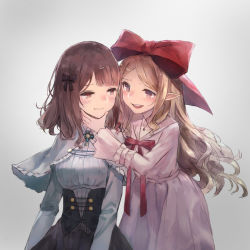 Rule 34 | 2girls, :d, :t, arm garter, black bow, black skirt, blush, bow, breasts, brown eyes, brown hair, capelet, closed mouth, dress, frilled capelet, frills, grey background, grey capelet, hair bow, hand on another&#039;s chin, high-waist skirt, highres, kobutakurassyu, large bow, leaning forward, long hair, long sleeves, looking to the side, medium breasts, multiple girls, open mouth, original, parted bangs, pink dress, pointy ears, red bow, red eyes, skirt, smile, standing, sweatdrop, teeth, upper body, upper teeth only, very long hair, yuri