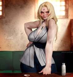 Rule 34 | 1girl, aleriia v, arm support, blonde hair, blurry, blurry background, blush, breasts, breasts day, brown hair, cleavage, closed mouth, collarbone, facial mark, forehead mark, highres, huge breasts, japanese clothes, kimono, lips, long hair, looking at viewer, mature female, nail polish, naruto (series), sash, shiny skin, smile, solo, standing, table, tsunade (naruto)