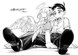 Rule 34 | 1boy, 1girl, angel, angel wings, belt, blush, collared shirt, couple, double bun, dress, eye contact, feathered wings, gloves, greyscale, hair bun, hair ornament, halo, heart, heart hair ornament, hetero, looking at another, monochrome, original, pants, shirt, sitting, wings, wolrero