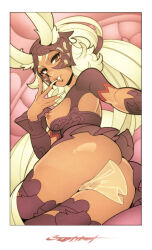 Rule 34 | 1girl, animal ears, arm up, artist name, ass, blonde hair, border, breastless clothes, breasts, crotch, dark nipples, ears through headwear, erotibot, final fantasy, final fantasy xii, fingernails, fran (ff12), hand to own mouth, hand up, helmet, highres, lips, long fingernails, long hair, looking at viewer, lying, medium breasts, nipples, no panties, on side, orange eyes, outstretched arm, parted lips, pussy, rabbit, rabbit ears, rabbit girl, see-through, solo, tail, tan, twisted torso, very long hair, viera, white border