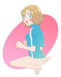 Rule 34 | 1girl, amada, ass, blue eyes, blue jacket, bottomless, breasts, brown hair, collarbone, creatures (company), eyelashes, game freak, holding, jacket, large breasts, looking at viewer, looking back, nintendo, open mouth, pokemon, pokemon (anime), pokemon xy (anime), serena (pokemon), short hair, solo, thighs