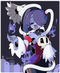 Rule 34 | 1girl, bare shoulders, blue skin, breasts, colored skin, detached collar, detached sleeves, closed eyes, hair over one eye, leviathan (skullgirls), long hair, music, musical note, side ponytail, singing, skull, skullgirls, squigly (skullgirls), stitched mouth, stitches, striped, striped sleeves, zombie