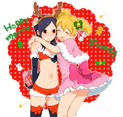 00s 2girls :d alternate_costume arms_behind_back bare_shoulders bell blonde_hair blush bow butadon christmas closed_eyes female_focus fresh_precure! gift hairband hand_on_another&#039;s_head happy higashi_setsuna horns hug merry_christmas midriff momozono_love multiple_girls navel open_mouth pink_bow precure purple_hair red_eyes shorts smile snowman star_(symbol) thighhighs twintails yuri