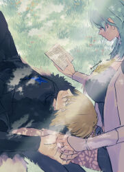 Rule 34 | 1boy, 1girl, black fur, blonde hair, book, breasts, byleth (female) (fire emblem), byleth (fire emblem), closed eyes, couple, dimitri alexandre blaiddyd, fire emblem, fire emblem: three houses, grass, green hair, hair between eyes, hetero, highres, holding, holding book, holding hands, jewelry, lap pillow, large breasts, long hair, long sleeves, mozu56, nintendo, outdoors, reading, ring, short hair, smile, twitter username