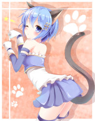 Rule 34 | 10s, 1girl, aibumi, animal ears, back, bad id, bad pixiv id, bare shoulders, bent over, blue dress, blue eyes, blue hair, blush, cat ears, cat tail, commentary request, detached sleeves, dress, fortissimo, gloves, hair ornament, hairclip, kemonomimi mode, layered dress, looking at viewer, magical girl, mahou shoujo madoka magica, mahou shoujo madoka magica (anime), matching hair/eyes, miki sayaka, musical note, musical note hair ornament, one eye closed, paw pose, paw print, pen-zin, solo, tail, thighhighs, white dress, white gloves, white thighhighs, wink, zettai ryouiki