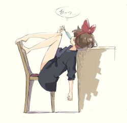 Rule 34 | 1girl, bare legs, barefoot, beige background, black dress, bow, brown hair, chair, desk, dress, facing away, food, hair bow, hairband, holding, holding food, kiki (majo no takkyuubin), legs up, majo no takkyuubin, popman3580, popsicle, red bow, red hairband, short sleeves, sketch, solo, translation request