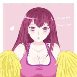 Rule 34 | 1girl, border, breasts, cheerleader, cleavage, english text, enlay, fate/grand order, fate (series), flying sweatdrops, heart, highres, large breasts, long hair, looking at viewer, matching hair/eyes, outside border, pom pom (cheerleading), red eyes, red hair, scathach (fate), solo, symbol-shaped iris, symbol-shaped pupils, tank top, text focus, white border