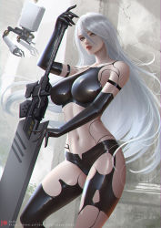Rule 34 | 1girl, android, artist name, black gloves, black thighhighs, blue eyes, breasts, crop top, elbow gloves, gloves, hair between eyes, holding, holding sword, holding weapon, joints, large breasts, long hair, looking at viewer, navel, nier (series), nier:automata, parted lips, patreon username, pod (nier:automata), robot joints, sade abyss, sword, thighhighs, torn clothes, torn legwear, weapon, white hair, a2 (nier:automata)