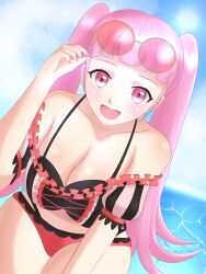 Rule 34 | 1girl, :d, artist request, bare shoulders, bikini, breasts, cleavage, collarbone, eyewear on head, female focus, fire emblem, fire emblem: three houses, fire emblem heroes, highres, hilda valentine goneril, hilda valentine goneril (summer), large breasts, long hair, looking at viewer, matching hair/eyes, ocean, official alternate costume, open mouth, outdoors, pink bikini, pink eyes, pink hair, pink nails, smile, solo, standing, sunglasses on head, swimsuit, thighs, very long hair