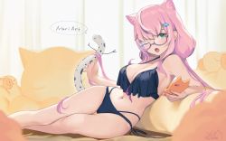 Rule 34 | 1girl, animal ears, bare legs, bare shoulders, bikini, blush, breasts, cat, cat ears, cellphone, cleavage, curtains, fang, fangs, frilled bikini, frills, glasses, green eyes, hair ornament, hairclip, highres, holding, holding phone, iltusa, indoors, large breasts, long hair, looking at viewer, lying, nail polish, navel, nijisanji, nijisanji kr, on side, one eye closed, open mouth, phone, pink hair, smartphone, solo, swimsuit, virtual youtuber, yang nari