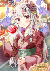 Rule 34 | 1girl, absurdres, bell, blush, breasts, candy, festival, floral print, food, food stand, hair ornament, highres, hololive, horns, japanese clothes, kimono, long hair, looking at viewer, mihaeru, multicolored hair, nakiri ayame, night, oni, open mouth, print kimono, red eyes, red hair, red kimono, skin-covered horns, solo, streaked hair, virtual youtuber, white hair, yatai, yukata