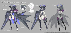 Rule 34 | 1girl, asagiri asagi, ass, back, bikini, black hair, blue eyes, breasts, cape, character sheet, cleavage, concept art, demon girl, demon horns, disgaea, disgaea rpg, female focus, full body, fur collar, fur cuffs, gradient horns, horns, huge breasts, large breasts, multiple views, official art, overlord asagi, pointy ears, shield cannon, slingshot swimsuit, standing, swimsuit, translation request, weapon
