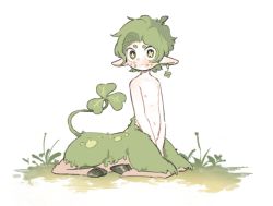 Rule 34 | 1boy, centauroid, child, clover, clover-shaped pupils, clover earrings, earrings, grass, green hair, hands on lap, hooves, jewelry, kenoru, male focus, monster boy, navel, nipples, original, plant boy, pointy ears, short hair, single earring, sitting, smile, solo, symbol-shaped pupils, taur, white background