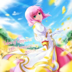 Rule 34 | 1girl, akamine (ya9mnx6smrb8o8g), anniversary, closed mouth, coat, copyright name, dated, dress, estellise sidos heurassein, gloves, green eyes, head tilt, highres, looking at viewer, outdoors, petals, pink dress, pink hair, short hair, smile, solo, tales of (series), tales of vesperia, white coat, white gloves