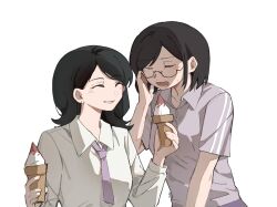 Rule 34 | 2girls, black hair, blush, character request, chinese commentary, collared shirt, commentary request, copyright request, food, glass, highres, holding, holding ice cream cone, ice cream, ice cream cone, long hair, long sleeves, multiple girls, necktie, open mouth, parted lips, purple necktie, purple shirt, shirt, short hair, short sleeves, simple background, smile, sweatdrop, upper body, white background, white shirt, yanlingjinshilihuahua