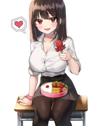 Rule 34 | 1girl, :d, absurdres, arm support, bento, black skirt, blush, breasts, brown pantyhose, churi (oxxchurixxo), cleavage, collarbone, collared shirt, commentary request, desk, dress shirt, fang, feet out of frame, food, food art, heart, highres, holding, holding food, large breasts, long hair, looking at viewer, meat, on desk, open mouth, original, pantyhose, pleated skirt, red eyes, rice, school desk, school uniform, scrunchie, shirt, shirt tucked in, sitting, on desk, skin fang, skirt, smile, solo, spoken heart, tako-san wiener, white background, white shirt, wrist scrunchie