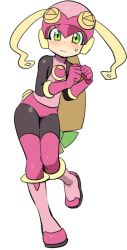 Rule 34 | 1girl, android, blush, bodysuit, boots, gloves, green eyes, heart, helmet, leg lift, looking at viewer, mega man (series), pink gloves, pink headwear, roll.exe (mega man), skin tight, solo, sweat, tagme