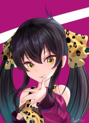 Rule 34 | 1girl, absurdres, animal print, arm at side, bare shoulders, black hair, child, collarbone, eyelashes, female focus, finger to mouth, fingernails, flat chest, gyaru, hair between eyes, hair ornament, hand up, happy, highres, idolmaster, idolmaster cinderella girls, jacket, leopard print, long hair, long sleeves, long twintails, looking at viewer, matoba risa, namco, neck, off-shoulder, off-shoulder jacket, off shoulder, pink background, pink jacket, print shirt, shirt, sidelocks, signature, sleeveless, sleeveless shirt, smile, standing, tarakon, tongue, tongue out, twintails, two-tone background, upper body, very long hair, yellow eyes
