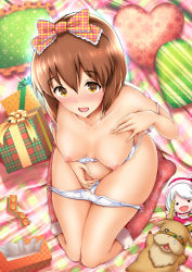 Rule 34 | 1girl, blush, bow, box, bra, bra pull, breasts, brown hair, christmas, clothes pull, from above, gift, gift box, hagiwara yukiho, hair bow, heart, heart-shaped pillow, idolmaster, idolmaster (classic), looking at viewer, maruwa tarou, nipples, nude, open mouth, panties, panty pull, pillow, short hair, socks, solo, tissue box, underwear, underwear only, white bra, white panties, yellow eyes