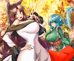 Rule 34 | 2girls, :d, animal ears, blue eyes, blue hair, breasts, brooch, brown hair, closed mouth, dress, fins, forest, green kimono, hand on own hip, head fins, heart, highres, imaizumi kagerou, japanese clothes, jewelry, kimono, large breasts, long hair, long sleeves, looking at viewer, looking to the side, mermaid, monster girl, multiple girls, nail polish, nature, navel, open mouth, outdoors, red eyes, red nails, sash, short hair, smile, touhou, tree, umigarasu (kitsune1963), upper body, wakasagihime, white dress, wide sleeves, wolf ears