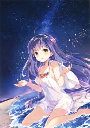 Rule 34 | 1girl, absurdres, ahoge, barefoot, beach, blue hair, bracelet, breasts, cleavage, collarbone, dress, hair ornament, hair ribbon, highres, jewelry, large breasts, long hair, looking at viewer, night, night sky, open mouth, original, outdoors, partially submerged, ribbon, sakura koharu, scan, sitting, sky, sleeveless, sleeveless dress, smile, solo, star (sky), star (symbol), starry sky, very long hair, wariza, water, white dress, yellow eyes