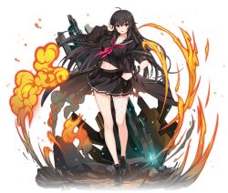 Rule 34 | 1girl, black footwear, black hair, breasts, crop top, crop top overhang, fire, full body, iris yuma, jacket, long hair, looking at viewer, navel, necktie, non-web source, official style, open clothes, open jacket, open mouth, pleated skirt, red eyes, school uniform, serafuku, skirt, soulworker, standing, stomach, weapon
