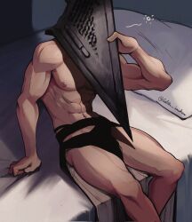 Rule 34 | 1boy, abs, bara, bed, edith lanzhen, helmet, highres, large pectorals, male focus, muscular, muscular male, navel, nipples, pectorals, pillow, pyramid head, silent hill (series), silent hill 2, sitting, solo, thighs, twitter username