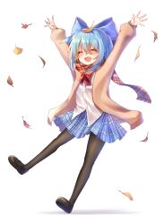 Rule 34 | 1girl, arms up, autumn leaves, black footwear, black pantyhose, blue bow, blue hair, blue skirt, blush, bow, bowtie, brown cardigan, buttons, cardigan, cirno, closed eyes, fringe trim, full body, ginkgo leaf, hair between eyes, hair bow, highres, leaf, maple leaf, open cardigan, open clothes, open mouth, pantyhose, plaid, plaid scarf, plaid skirt, pleated skirt, pudding (skymint 028), red bow, red bowtie, red scarf, scarf, shirt, shoes, short hair, simple background, skirt, smile, solo, touhou, white background, white shirt
