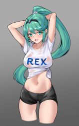 Rule 34 | 1girl, :d, arms behind head, arms up, black shorts, blouse, breasts, casual, collarbone, cowboy shot, female focus, green eyes, green hair, grey background, highres, jewelry, large breasts, long hair, looking at viewer, matching hair/eyes, matrix16, midriff, navel, open mouth, pneuma (xenoblade), ponytail, print shirt, see-through, shirt, short shorts, shorts, simple background, smile, solo, swept bangs, t-shirt, thigh gap, thighs, tiara, tied shirt, very long hair, wet, wet clothes, wet shirt, white shirt, xenoblade chronicles (series), xenoblade chronicles 2