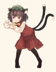 Rule 34 | 1girl, :3, animal ears, ar (maeus), black footwear, black pantyhose, blunt bangs, blush, boots, bow, bowtie, brown hair, cat ears, cat tail, chen, earrings, full body, green hat, hat, jewelry, long sleeves, looking at viewer, mob cap, multiple tails, nekomata, open mouth, pantyhose, paw pose, puffy long sleeves, puffy sleeves, red eyes, red skirt, red vest, redrawn, shirt, short hair, simple background, single earring, skirt, skirt set, smirk, solo, standing, tail, touhou, two tails, vest, white background, white shirt, yellow bow, yellow bowtie