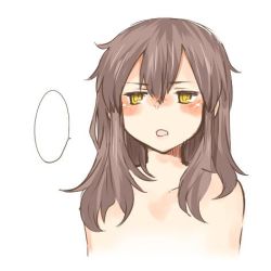 Rule 34 | 10s, 1girl, alternate hairstyle, bad id, bad twitter id, blank speech bubble, blush, brown hair, hair down, kaga (kancolle), kantai collection, long hair, lowres, nude, open mouth, rebecca (keinelove), solo, speech bubble, yellow eyes