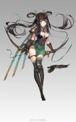 Rule 34 | 1girl, absurdres, armor, between breasts, bird, black footwear, black hair, boots, bow (weapon), breasts, bright pupils, brown gloves, bustier, cleavage, closed mouth, copyright request, covered navel, cross-laced footwear, dress, full body, gloves, gradient background, green dress, green eyes, green thighhighs, hair ribbon, hair rings, highres, lace-up boots, long hair, looking at viewer, medium breasts, no panties, pauldrons, ribbon, short dress, shoulder armor, side slit, sidelocks, simple background, single pauldron, smile, solo, t lege d, thigh boots, thighhighs, thighhighs under boots, very long hair, weapon, weibo watermark, white pupils