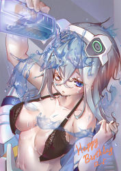 Rule 34 | 1girl, alice gear aegis, bare shoulders, black bra, blue eyes, blue hair, blush, bottle, bra, collarbone, covered erect nipples, dated, dripping, english text, hair between eyes, happy birthday, headgear, holding, holding bottle, keyfanjun, light blue hair, long hair, navel, nina kalinina, open bra, parted lips, pouring, pouring onto self, solo, underwear, water, wet