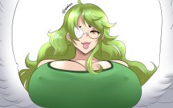 Rule 34 | 1girl, breasts, camisole, covered erect nipples, glasses, green hair, highres, large breasts, monet (one piece), one piece, solo, tongue, tongue out
