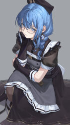Rule 34 | alternate costume, apron, bespectacled, black dress, black gloves, black headwear, black pantyhose, blue eyes, blue hair, braid, closed mouth, commentary request, dress, earrings, enmaided, fingerless gloves, glasses, gloves, grey apron, grey background, hand on own cheek, hand on own face, highres, hololive, hoshimachi suisei, hoshimachi suisei (maid), jewelry, long hair, looking at viewer, maid, maid apron, pantyhose, pink nails, puffy short sleeves, puffy sleeves, round eyewear, short sleeves, simple background, solo, squatting, virtual youtuber, whitem (whiteemperor2020)