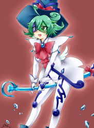 Rule 34 | 1girl, blue hat, blush, broom, duel monster, female masturbation, gloves, green eyes, green hair, hat, heart, heart-shaped pupils, heavy breathing, highres, holding, holding broom, masturbation, matching hair/eyes, motion lines, navel, omega na hito, pussy juice, red background, red ribbon, ribbon, smile, solo, symbol-shaped pupils, white gloves, windwitch glass bell, wings, witch, witch hat, yu-gi-oh!, yu-gi-oh! duel monsters