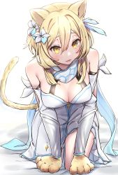 Rule 34 | 1girl, animal ears, animal hands, bare shoulders, blonde hair, blush, breasts, cat ears, cat paws, cat tail, chumugi, dress, flower, genshin impact, hair between eyes, hair ears, hair flower, hair ornament, highres, looking at viewer, lumine (genshin impact), medium breasts, open mouth, short hair, short hair with long locks, tail, white dress, yellow eyes