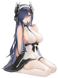 Rule 34 | 1girl, absurdres, apron, august von parseval (azur lane), august von parseval (the conquered unhulde) (azur lane), azur lane, bare shoulders, blue eyes, blue hair, breasts, clothing cutout, curled horns, garter straps, hair over one eye, hand up, highres, horns, large breasts, maid headdress, mechanical horns, mouth hold, official alternate costume, one eye covered, ribbon, ribbon in mouth, seiza, sitting, sleeveless, thighhighs, two-tone dress, underboob cutout, white apron, white background, white garter straps, white thighhighs, ykuu yousei