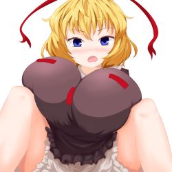 Rule 34 | 1girl, alternate breast size, blonde hair, bloomers, blue eyes, blush, breasts, geji (aconite67), highres, huge breasts, medicine melancholy, open mouth, oppai loli, short hair, simple background, sitting, solo, source request, spread legs, touhou, underwear, white background