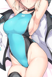 Rule 34 | 1girl, armpits, bare shoulders, black choker, black thighhighs, blonde hair, blue one-piece swimsuit, blush, breasts, choker, closed mouth, competition swimsuit, contrapposto, cowboy shot, dakimakura (medium), elbow gloves, facing viewer, fate/grand order, fate (series), gloves, halcon, hands up, head out of frame, jacket, unworn jacket, large breasts, legs together, lying, okita souji (fate), okita souji (koha-ace), one-piece swimsuit, short hair, sideboob, smile, solo, swimsuit, thighhighs, white jacket